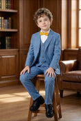 Cargar la imagen en la vista de la galería, Boys Sky Blue Windowpane Check 3-Piece Suit for Weddings with Notch Lapel