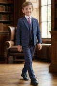 Bild in Galerie-Betrachter laden, Boys Navy Blue Tweed Check 3-Piece Suit with Notch Lapel