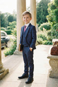 Load image into Gallery viewer, Boys Navy Blue Tweed Check 3-Piece Suit with Notch Lapel