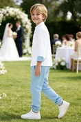 Load image into Gallery viewer, Boys White Shirt & Sky Blue Trousers 2-piece Set