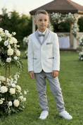 Cargar la imagen en la vista de la galería, Boys White Linen Blazer & Grey Trousers 2-Piece Suit