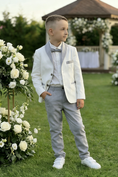 Cargar la imagen en la vista de la galería, Boys White Linen Blazer & Grey Trousers 2-Piece Suit