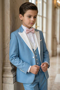 Load image into Gallery viewer, Boys Light Blue 3-Piece Suit with White Satin Lapel