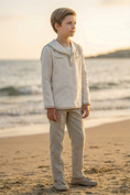 Load image into Gallery viewer, White And Khaki Cotton-Linen Blend Sailor Collar 2-Piece Set