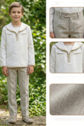 Load image into Gallery viewer, White And Khaki Cotton-Linen Blend Sailor Collar 2-Piece Set