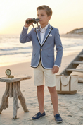 Bild in Galerie-Betrachter laden, Blue Cotton-Linen Blend Blazer with Black and White Stripes