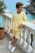 Load image into Gallery viewer, Boys Pale Yellow Double-Breasted Linen-Blend Shorts 2-piece Suit