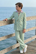 Cargar la imagen en la vista de la galería, Mint Green Cotton-Linen Blend Double-Breasted 2-Piece Suit