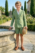 Load image into Gallery viewer, Boys Sage Green Linen Double-Breasted Shorts 2-piece Suit