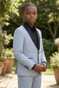 Load image into Gallery viewer, Boys Light Blue Tuxedo with Black Satin Lapels 2-piece Suit