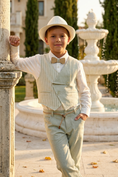 Load image into Gallery viewer, Light Green Cotton-Linen Blend Striped Vest 2-Piece Set