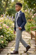 Load image into Gallery viewer, Boys Navy Blue & Grey 3-Piece Suit for Garden Weddings
