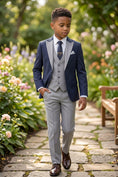 Load image into Gallery viewer, Boys Navy Blue & Grey 3-Piece Suit for Garden Weddings