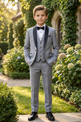 Load image into Gallery viewer, Boys Grey Tuxedo with Black Lapel 3-Piece Suit