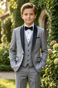 Load image into Gallery viewer, Boys Grey Tuxedo with Black Lapel 3-Piece Suit