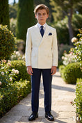 Load image into Gallery viewer, Boys Ivory Double-Breasted Blazer with Navy Trousers 2-piece Suit