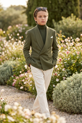 Load image into Gallery viewer, Olive Green Cotton And Linen Double-Breasted Suit Jacket