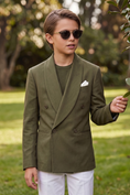 Cargar la imagen en la vista de la galería, Olive Green Cotton And Linen Double-Breasted 2-Piece Suit