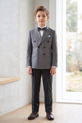 Load image into Gallery viewer, Gray And Black Cotton Linen Double-Breasted 2-Piece Suit