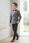 Load image into Gallery viewer, Gray And Black Cotton Linen Double-Breasted 2-Piece Suit