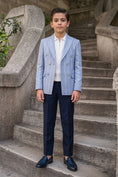 Load image into Gallery viewer, Boys Light Blue Pinstripe Double-Breasted Blazer with Navy Trousers 2-Piece Suit
