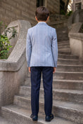 Load image into Gallery viewer, Boys Light Blue Pinstripe Double-Breasted Blazer with Navy Trousers 2-Piece Suit