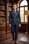 Load image into Gallery viewer, Navy Blue Gold Trim Single-Breasted 2-Piece Suit