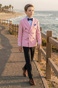 Cargar la imagen en la vista de la galería, Boys Pink Double-Breasted Blazer with Black Trousers 2-Piece Suit
