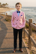 Cargar la imagen en la vista de la galería, Boys Pink Double-Breasted Blazer with Black Trousers 2-Piece Suit