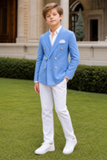Bild in Galerie-Betrachter laden, Blue And White Cotton Linen Double-Breasted 2-Piece Suit
