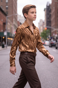 Load image into Gallery viewer, Brown Zebra Print Satin Long-Sleeved Shirt
