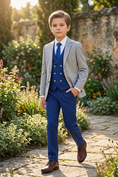 Load image into Gallery viewer, Light Gray And Dark Blue Cotton Linen 3-Piece Suit