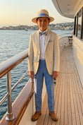 Cargar la imagen en la vista de la galería, Boys Beige Linen Blazer with Light Blue Trousers 2-Piece Suit