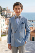 Charger l'image dans la visionneuse de la galerie, Boys Light Blue Double-Breasted Blazer with Grey Trousers 2-Piece Suit