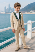 Load image into Gallery viewer, Apricot And Dark Green Color-Blocked Serge 3-Piece Suit