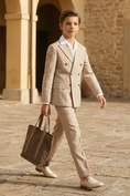 Load image into Gallery viewer, Beige Pinstripe Linen-Blend Double-Breasted 2-Piece Suit