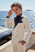 Load image into Gallery viewer, Beige And Navy Lapel Linen-Blend Double-Breasted 2-Piece Suit