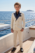 Load image into Gallery viewer, Beige And Navy Lapel Linen-Blend Double-Breasted 2-Piece Suit