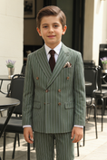 Load image into Gallery viewer, Olive Green Striped Double-Breasted 2-Piece Suit