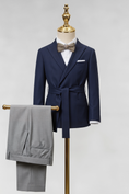 Load image into Gallery viewer, Navy Blue And Gray Cotton Linen Belted 2-Piece Suit