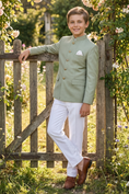 Bild in Galerie-Betrachter laden, Light Green And White Cotton Linen Single-Breasted 2-Piece Suit