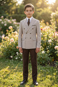 Load image into Gallery viewer, Boys Beige Double-Breasted Blazer with Brown Trousers 2-Piece Suit