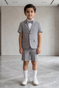 Load image into Gallery viewer, Boys Grey Striped Short-Sleeve Blazer & Shorts 2-piece Suit