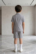 Load image into Gallery viewer, Boys Grey Striped Short-Sleeve Blazer & Shorts 2-piece Suit