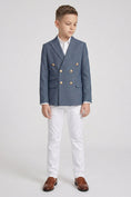 Load image into Gallery viewer, Boys Blue Double-Breasted Blazer & White Trousers 2-Piece Suit