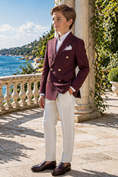Charger l'image dans la visionneuse de la galerie, Boys Burgundy Double-Breasted Blazer & White Trousers 2-Piece Suit