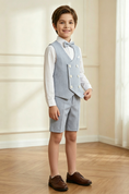 Bild in Galerie-Betrachter laden, Grey-Blue Cotton-Linen Blend Double-Breasted Waistcoat & Cuffed Shorts 2-Piece Suit