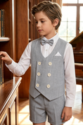 Bild in Galerie-Betrachter laden, Grey-Blue Cotton-Linen Blend Double-Breasted Waistcoat & Cuffed Shorts 2-Piece Suit