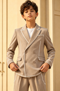 Bild in Galerie-Betrachter laden, Light Coffee Cotton-Linen Blend White Piped Double-Breasted 2-Piece Suit