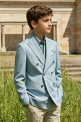 Load image into Gallery viewer, Sky Blue & Beige Cotton-Linen Blend Double-Breasted 2-Piece Suit